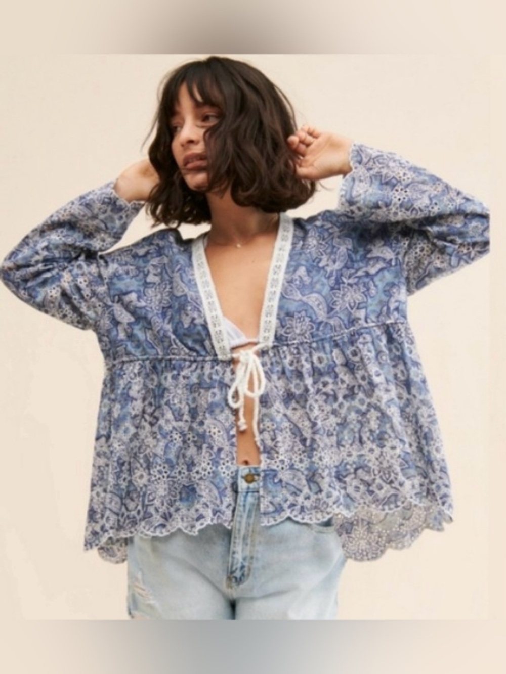 Free People Aniss Blue Floral Tie-Front Bed Jacket Tunic Top